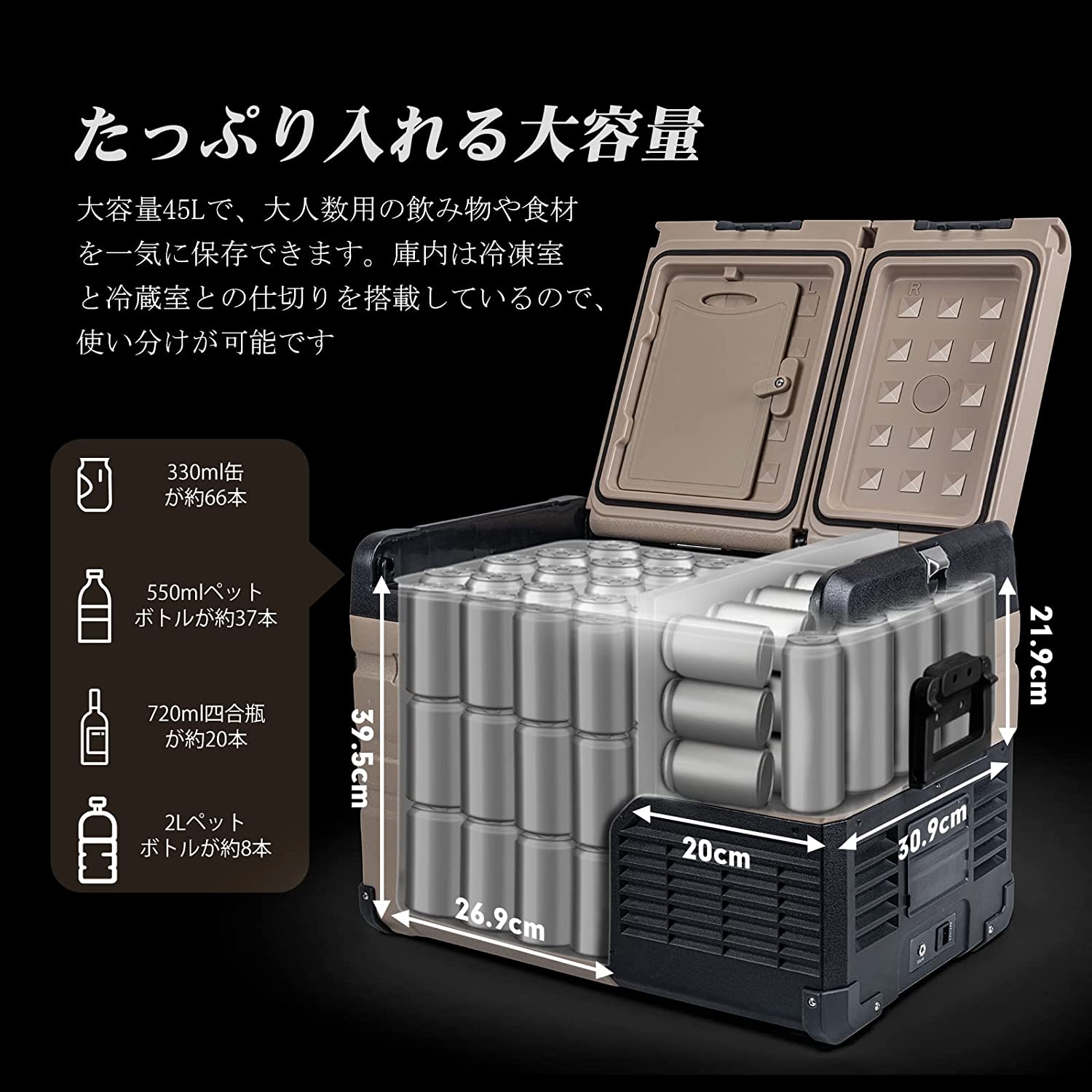 Goture 45L 車載冷蔵庫 2ウェイドアー 大容量 バッテリー内蔵可能 2室独立温度制御 静音 高効率 省エネ 4WAY電源対応 急速 –  GOTURE-JP